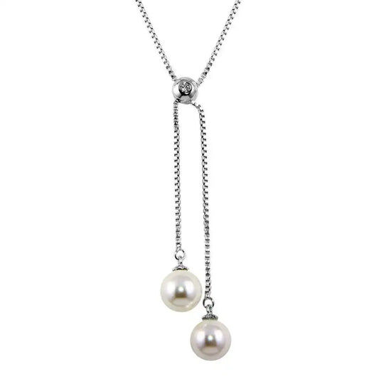 925 Sterling Silver Rhodium Plated Box Drop Synthetic Pearl Necklace