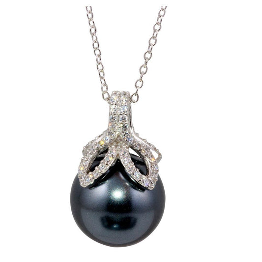 925 Sterling Silver Rhodium Plated Grey Pearl Pendant Necklace with CZ