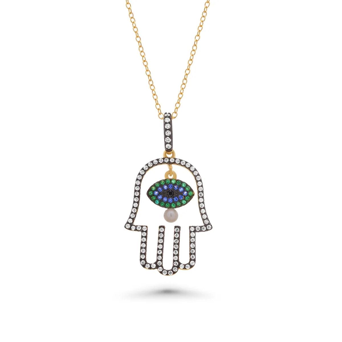 925 Sterling Silver Gold Plated Multi Color CZ & Pearl Hamsa Pendant Necklace
