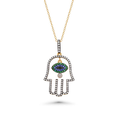 925 Sterling Silver Gold Plated Multi Color CZ & Pearl Hamsa Pendant Necklace