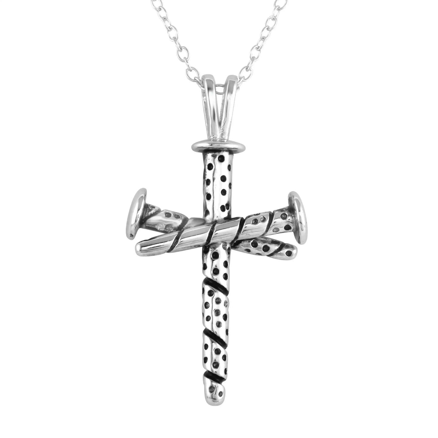 925 Sterling Silver  Rhodium Plated Triple Nail Cross Pendant Necklace