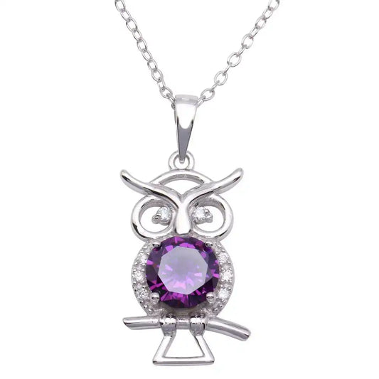 925 Sterling Silver Rhodium Plated Purple CZ Owl Necklace