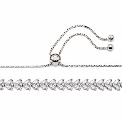 925 Sterling Silver Rhodium Plated Adjustable Leaf Link CZ Bridal Necklace