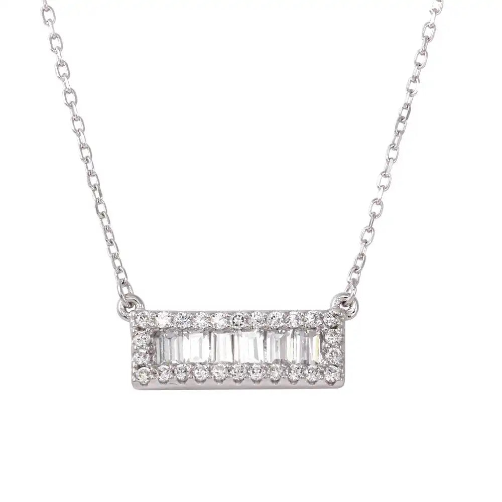 925 Sterling Silver Rhodium Plated Bar Pendant Necklace with CZ
