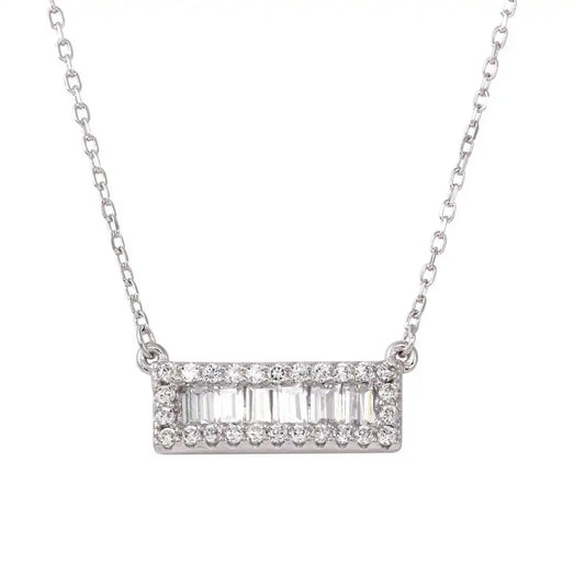 925 Sterling Silver Rhodium Plated Bar Pendant Necklace with CZ