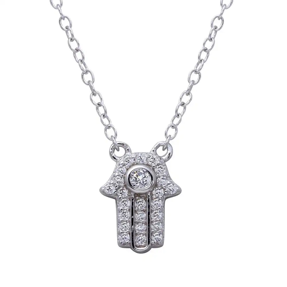 925 Sterling Silver Rhodium Plated Mini Hamsa Pendant Necklace with CZ