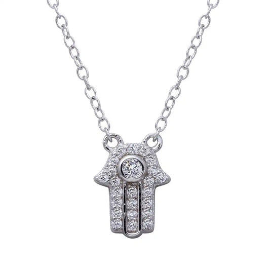 925 Sterling Silver Rhodium Plated Mini Hamsa Pendant Necklace with CZ