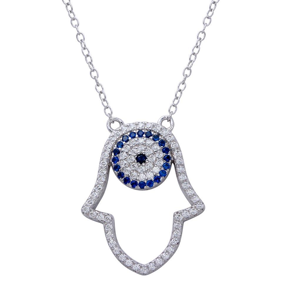 925 Sterling Silver Rhodium Plated Hamsa Pendant Necklace with CZ