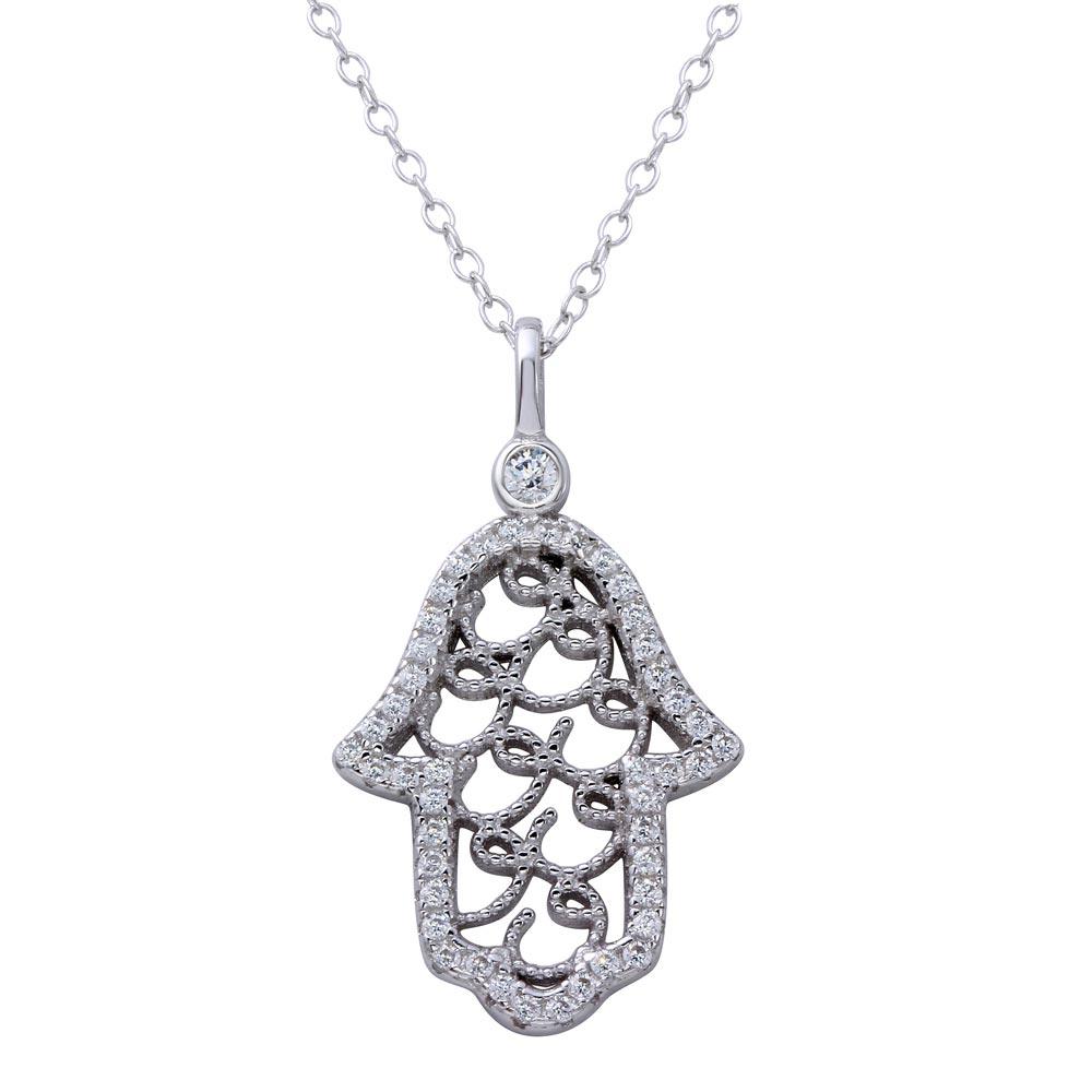 925 Sterling Silver Rhodium Plated Hamsa Hand CZ Border Necklace
