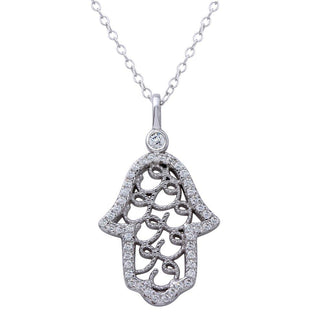 925 Sterling Silver Rhodium Plated Hamsa Hand CZ Border Necklace