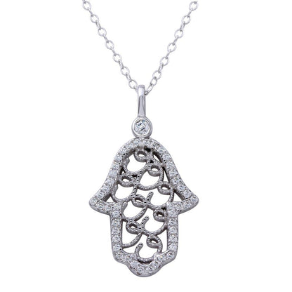 925 Sterling Silver Rhodium Plated Hamsa Hand CZ Border Necklace