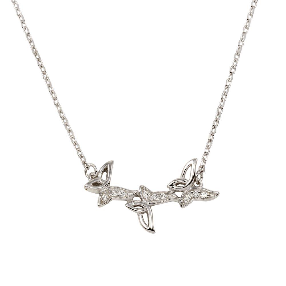 925 Sterling Silver Rhodium Plated 3 Butterfly Pendant Necklace with CZ