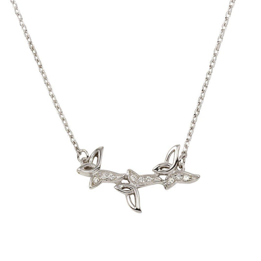 925 Sterling Silver Rhodium Plated 3 Butterfly Pendant Necklace with CZ