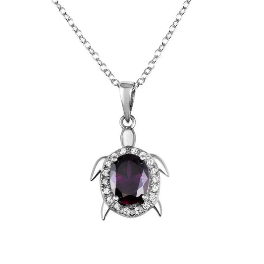 925 Sterling Silver Rhodium Plated Turtle Pendant Necklace with Purple CZ