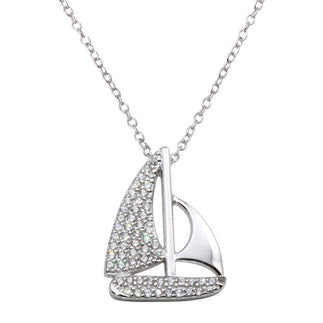 925 Sterling Silver Rhodium Plated CZ Sailboat Necklace