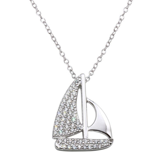 925 Sterling Silver Rhodium Plated CZ Sailboat Necklace
