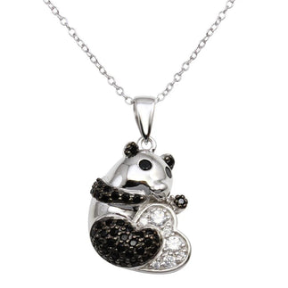 925 Sterling Silver Rhodium Plated Black and Clear CZ Panda Bear Necklace