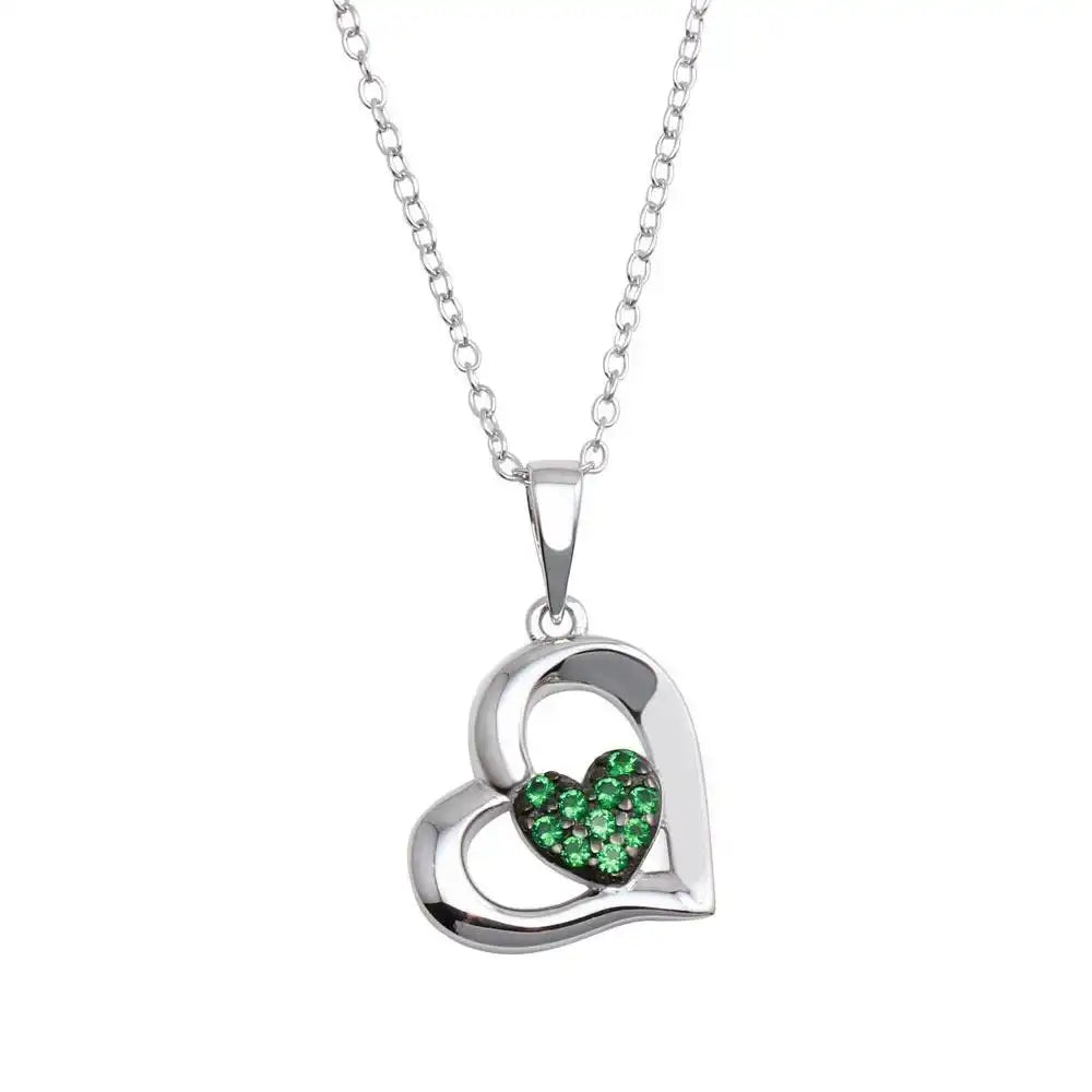 925 Sterling Silver Rhodium Plated Heart Pendant Necklace with Green CZ