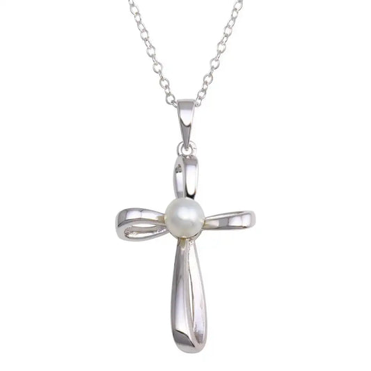 925 Sterling Silver Rhodium Plated Pearl Center Cross Necklace