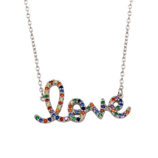 925 Sterling Silver Rhodium Plated "Love" Word Necklace with Rainbow CZ