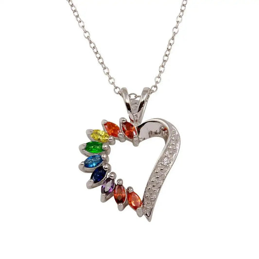 925 Sterling Silver Rhodium Plated Open Heart Pendant with Rainbow CZ