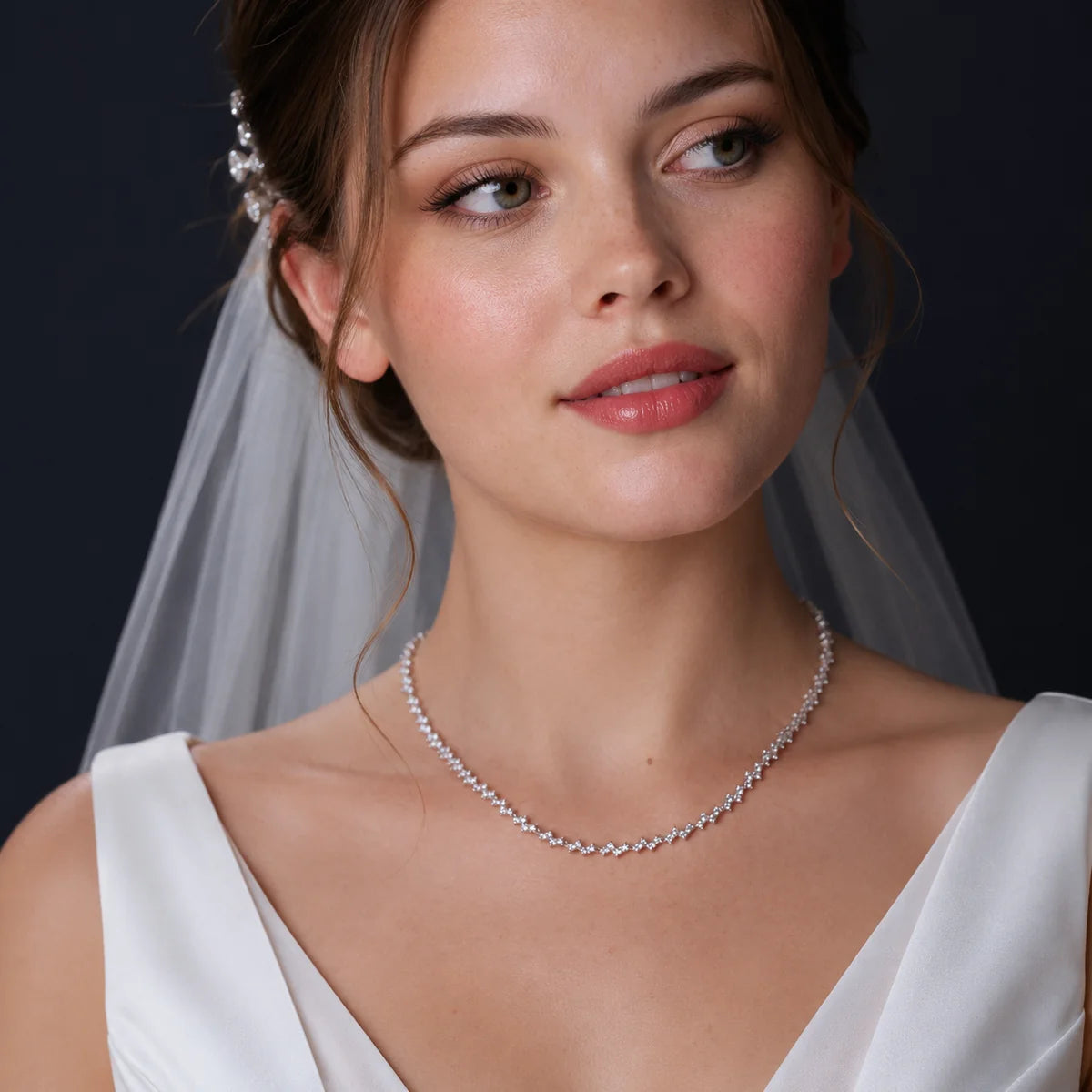 925 Sterling Silver Rhodium Plated CZ Zig Zag Bridal Necklace