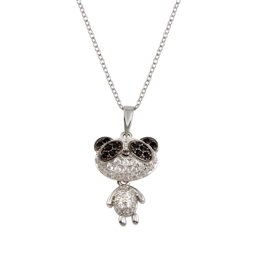 925 Sterling Silver Rhodium Plated Panda Pendant Necklace with CZ