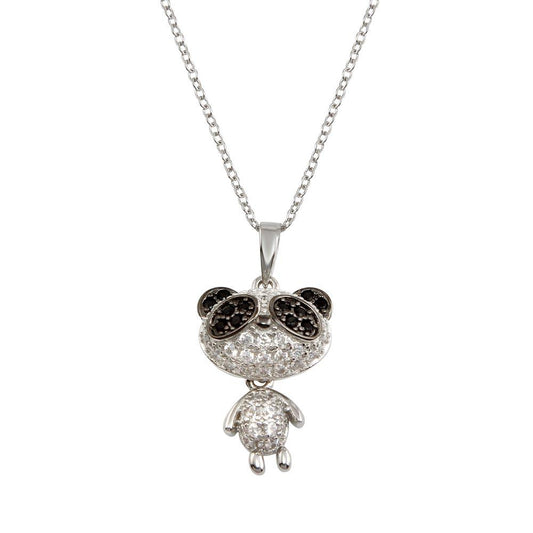 925 Sterling Silver Rhodium Plated Panda Pendant Necklace with CZ