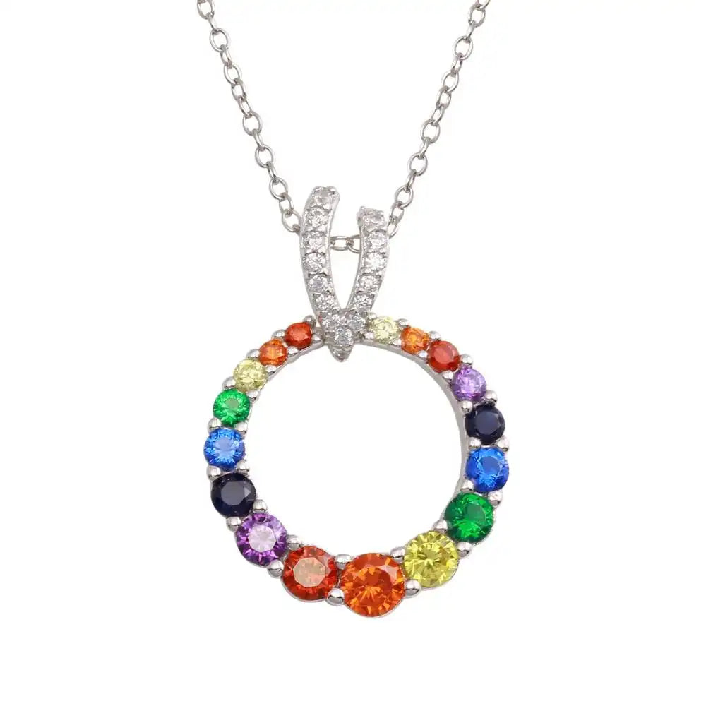925 Sterling Silver Rhodium Plated Open Round Rainbow CZ Pendant Necklace