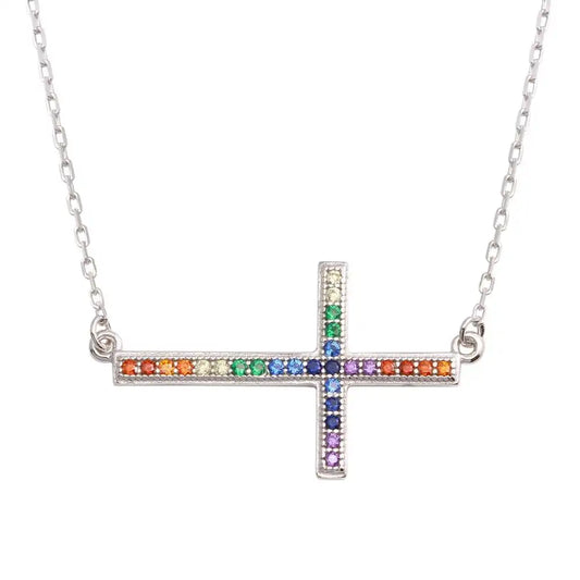 925 Sterling Silver Rhodium Plated Sideways Cross Pendant with Multi-Colored CZ