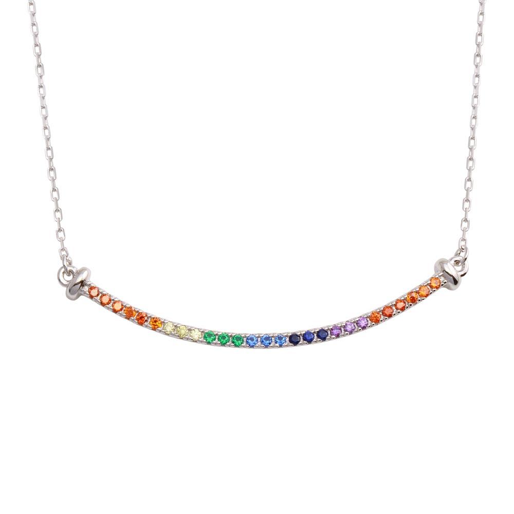 925 Sterling Silver Rhodium Plated Curve Pendant Necklace with Rainbow CZ
