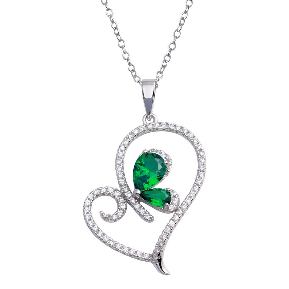 925 Sterling Silver Rhodium Plated Heart Pendant Necklace with Green CZ