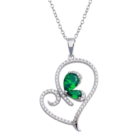 925 Sterling Silver Rhodium Plated Heart Pendant Necklace with Green CZ