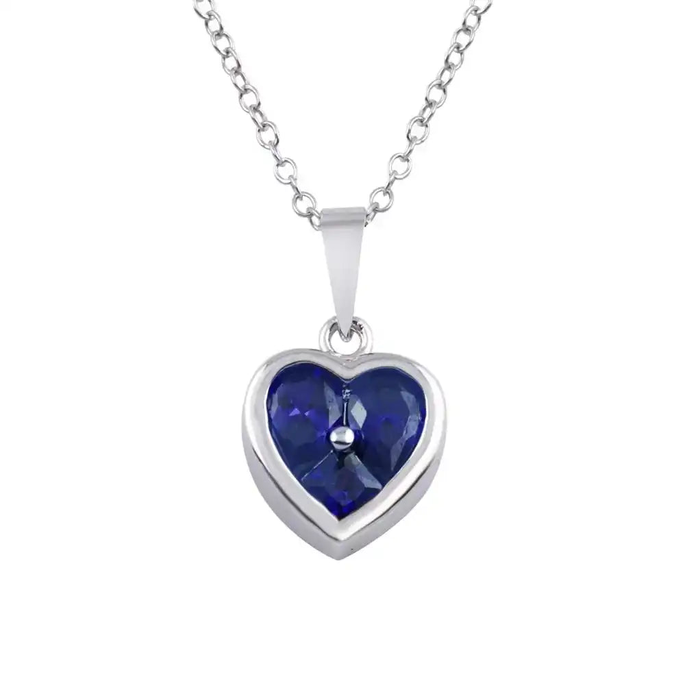 925 Sterling Silver Rhodium Plated Heart Blue CZ Necklace