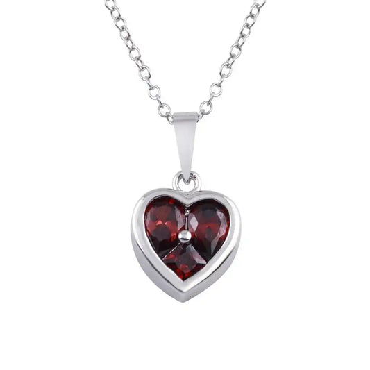 925 Sterling Silver Rhodium Plated Heart Red CZ Necklace