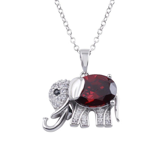 925 Sterling Silver Rhodium Plated Red CZ Elephant Pendant Necklace