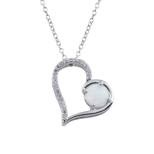 925 Sterling Silver Rhodium Plated Heart Synthetic Opal Pendant Necklace