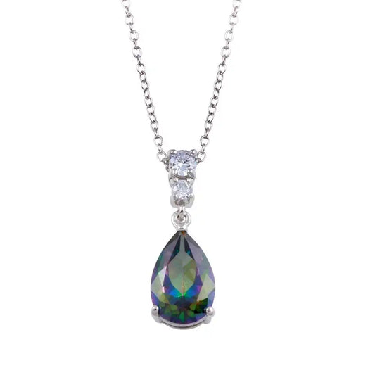 925 Sterling Silver Rhodium Plated Synthetic Mystic Topaz Teardrop CZ Necklace