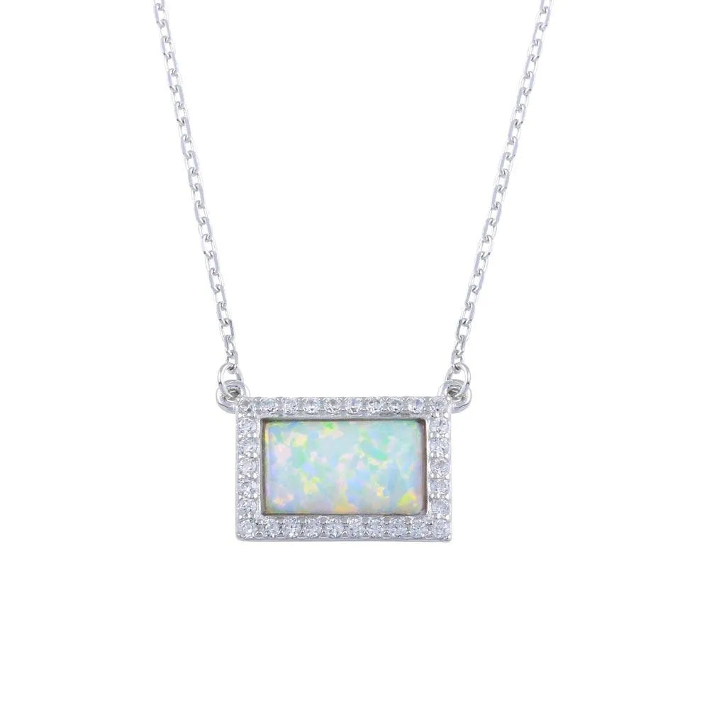 925 Sterling Silver Rhodium Plated Rectangle Opal Pendant Necklace with CZ