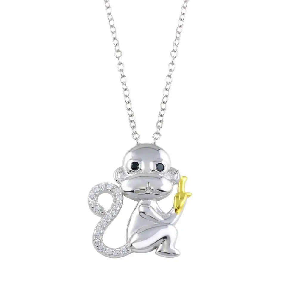925 Sterling Silver Two-Tone CZ Monkey Necklace