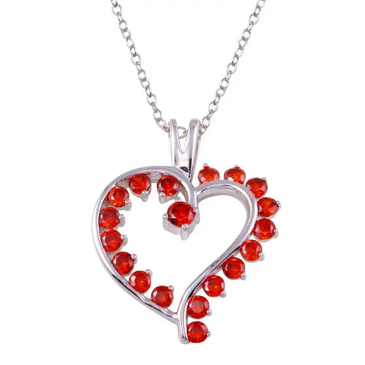 925 Sterling Silver Rhodium Plated Multi Red CZ Open Heart Necklace