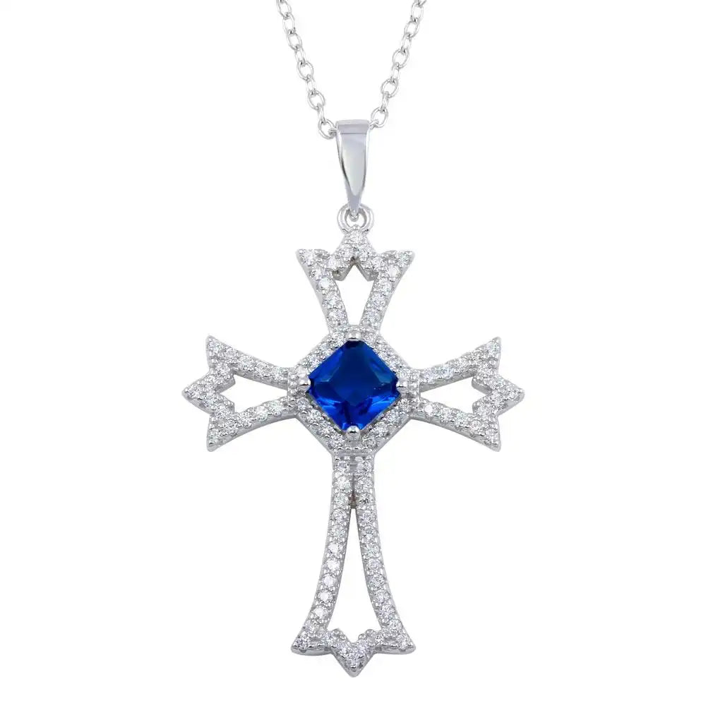925 Sterling Silver Rhodium Plated Blue CZ Center Open CZ Cross Necklace