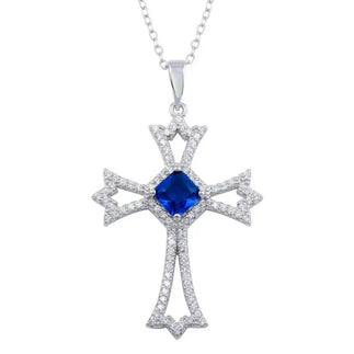 925 Sterling Silver Rhodium Plated Blue CZ Center Open CZ Cross Necklace