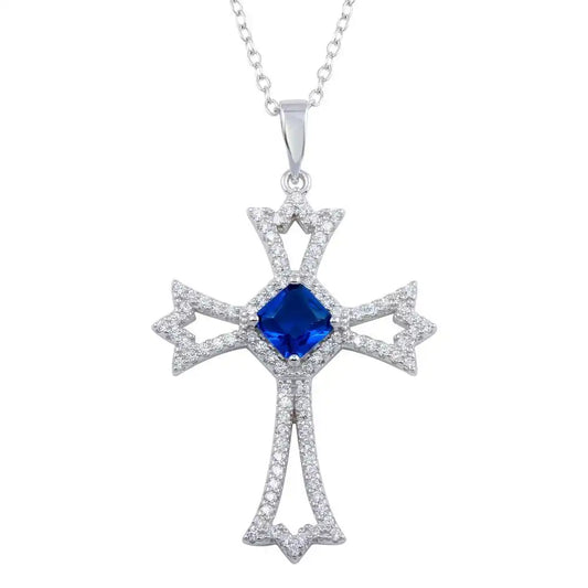 925 Sterling Silver Rhodium Plated Blue CZ Center Open CZ Cross Necklace