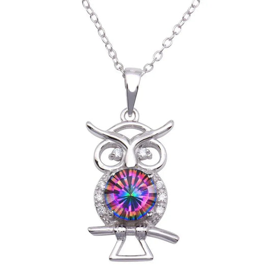 925 Sterling Silver Rhodium Plated Mystic Topaz CZ Owl Necklace