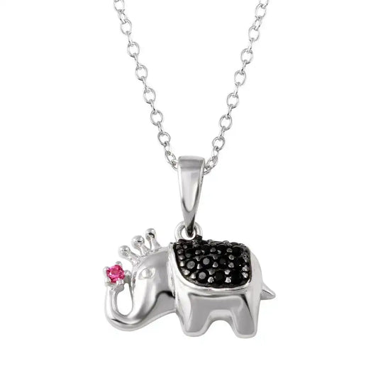 925 Sterling Silver Rhodium Plated Black and Pink CZ Elephant Pendant Necklace