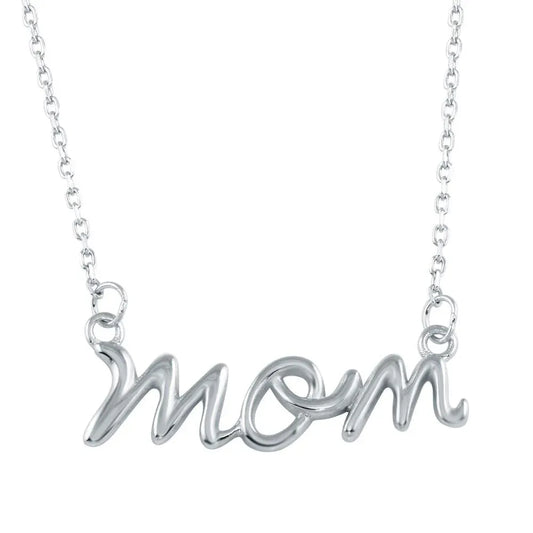 925 Sterling Silver Rhodium Plated Script Mom Necklace