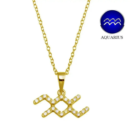 925 Sterling Silver Gold Plated Aquarius CZ Zodiac Sign Necklace