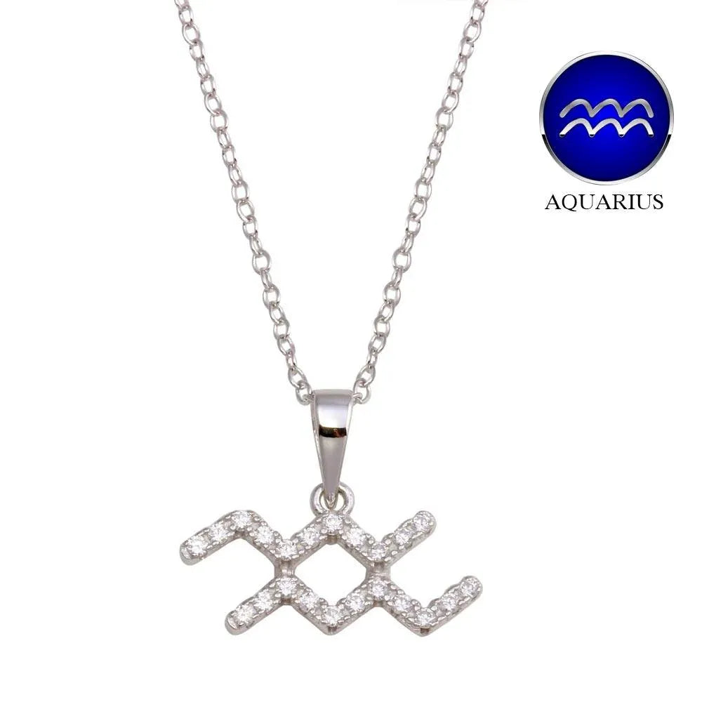 925 Sterling Silver  Rhodium Plated Aquarius CZ Zodiac Sign Necklace