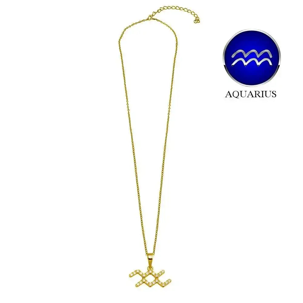 925 Sterling Silver Gold Plated Aquarius CZ Zodiac Sign Necklace
